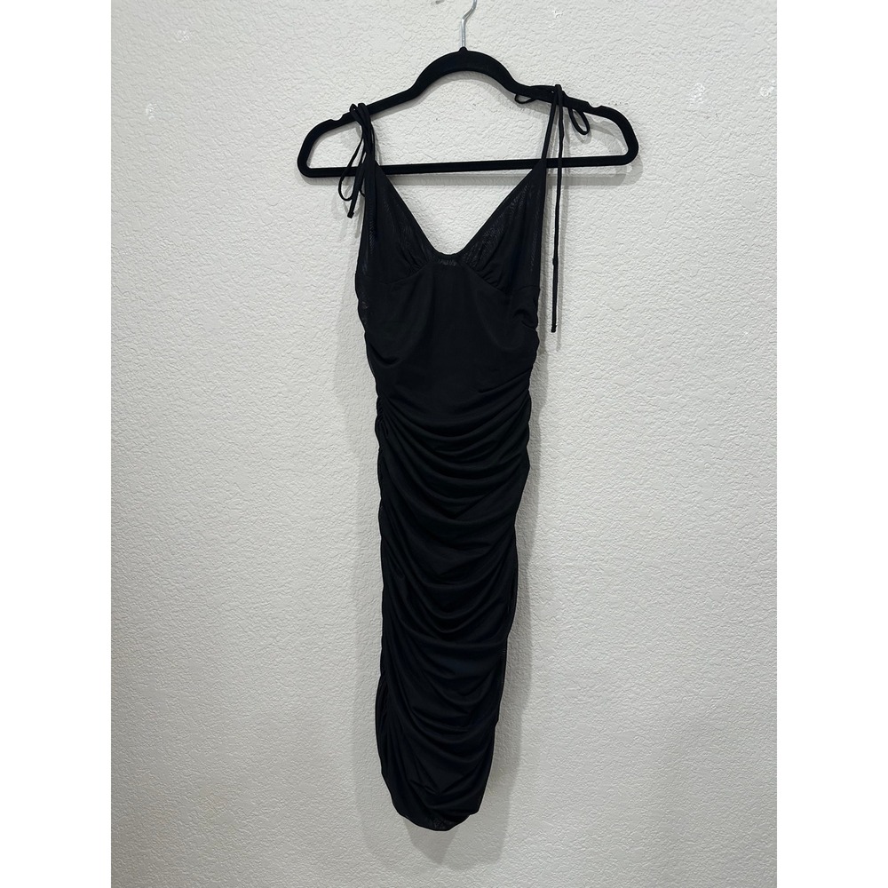 Wilfred Aritzia Black Mesh Ruched Bodycon Mini Dress Tie Strap V-Neck Small